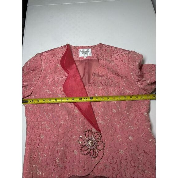 Promise New York 2 Piece Pink Red Skirt Suit Size 14 Ruffle Trim Tuxedo Tail - Picture 15 of 16